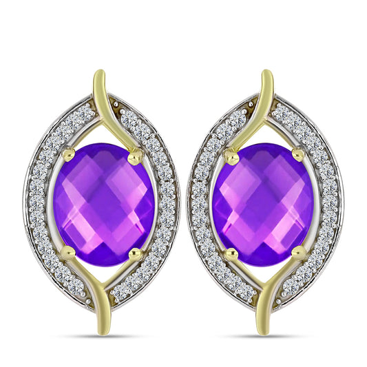 Cercei din Argint 925 Placat cu Aur ( 5.44 grame ) cu Agat Violet și Topaz Alb 4.87 Carate