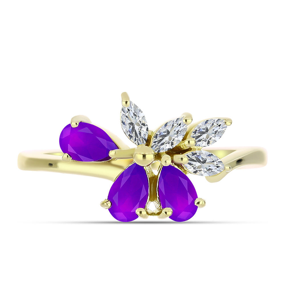 Inel din Argint 925 Placat cu Aur ( 2.24 grame ) cu Agat Violet și Topaz Alb 0.9 Carate 1 