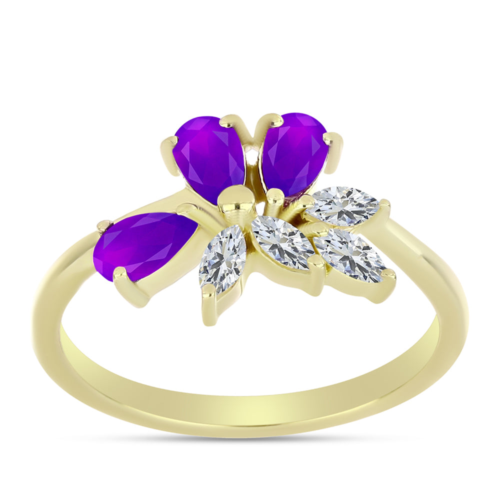 Inel din Argint 925 Placat cu Aur ( 2.24 grame ) cu Agat Violet și Topaz Alb 0.9 Carate 3 
