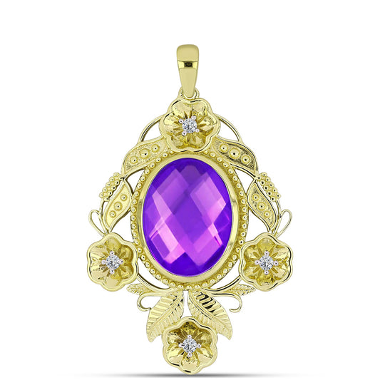 Pandantiv din Argint 925 Placat cu Aur ( 7.32 grame ) cu Agat Violet și Topaz Alb 7.54 Carate