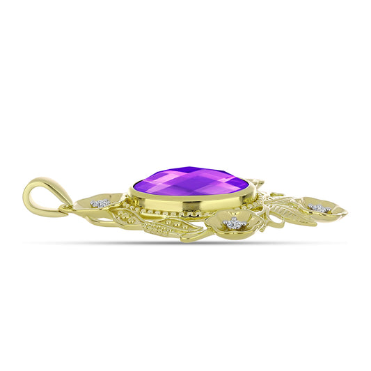 Pandantiv din Argint 925 Placat cu Aur ( 7.32 grame ) cu Agat Violet și Topaz Alb 7.54 Carate