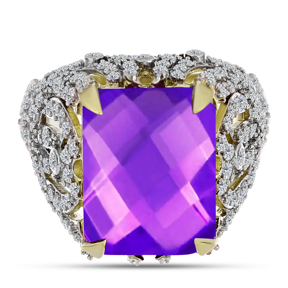 Inel din Argint 925 Placat cu Aur ( 7.11 grame ) cu Agat Violet și Topaz Alb 11.53 Carate 1 