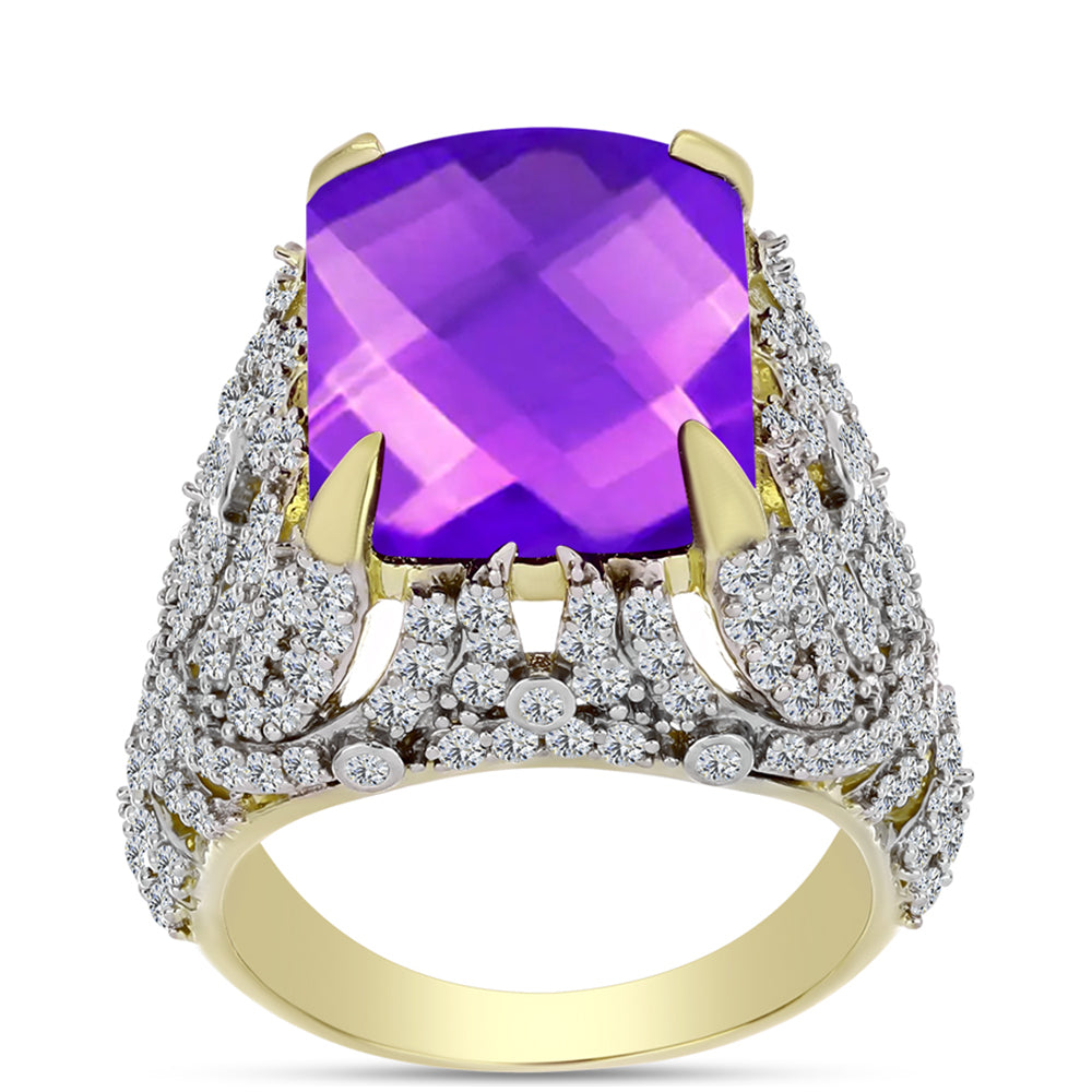 Inel din Argint 925 Placat cu Aur ( 7.11 grame ) cu Agat Violet și Topaz Alb 11.53 Carate