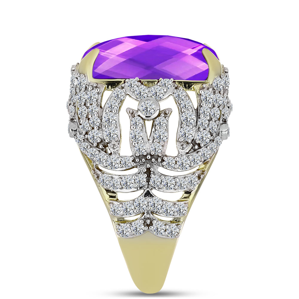 Inel din Argint 925 Placat cu Aur ( 7.11 grame ) cu Agat Violet și Topaz Alb 11.53 Carate