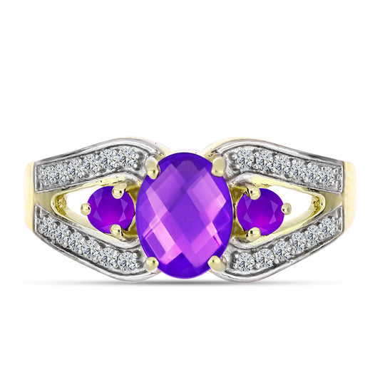 Inel din Argint 925 Placat cu Aur ( 3.42 grame ) cu Agat Violet și Topaz Alb 1.63 Carate