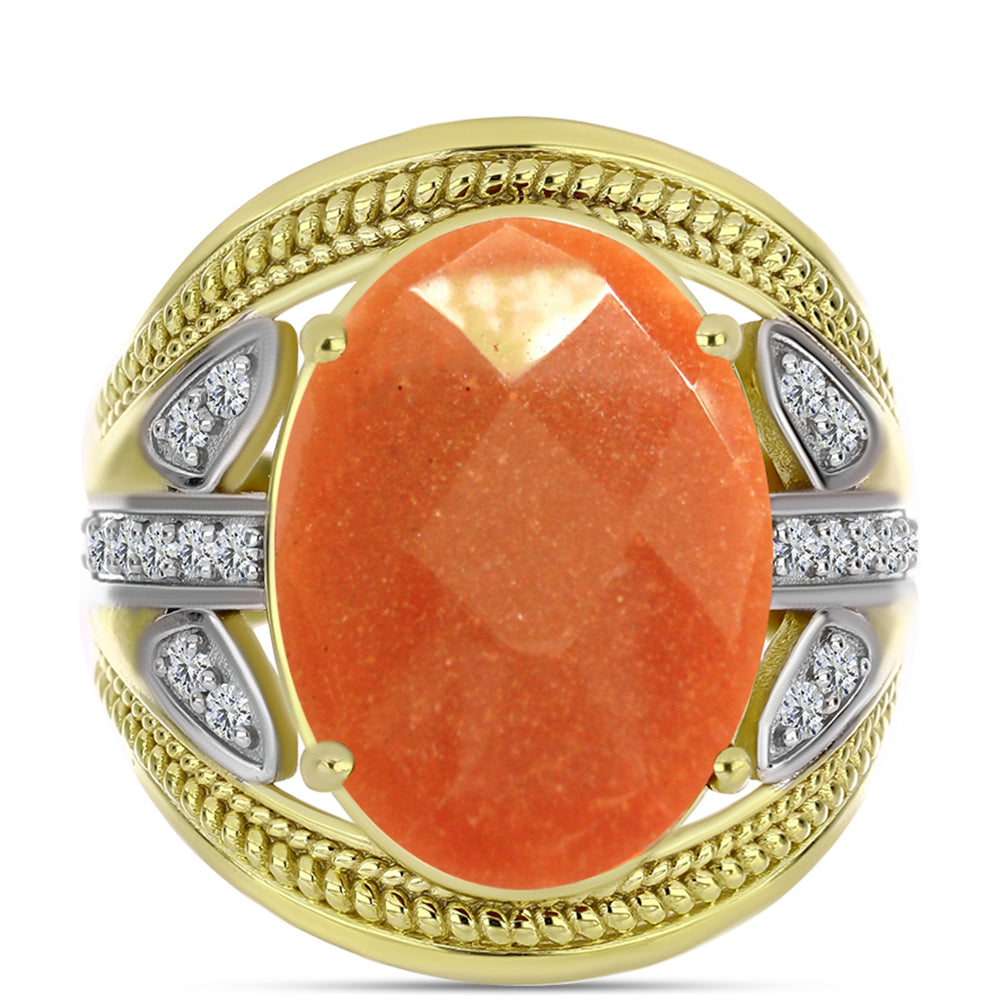 Inel din Argint 925 Placat cu Aur ( 7.53 grame ) cu Piatra Soarelui Oregon și Topaz Alb 11.03 Carate 1 
