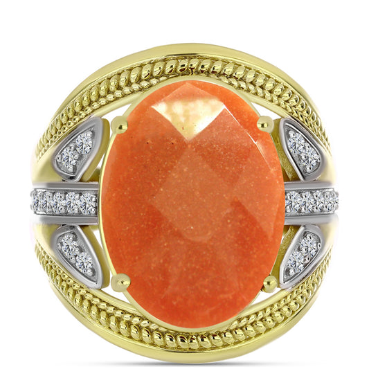 Inel din Argint 925 Placat cu Aur ( 7.53 grame ) cu Piatra Soarelui Oregon și Topaz Alb 11.03 Carate
