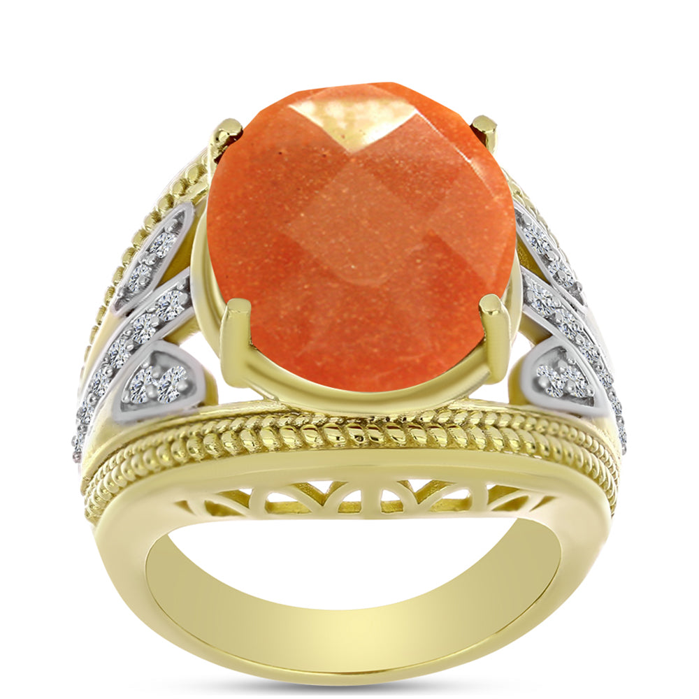 Inel din Argint 925 Placat cu Aur ( 7.53 grame ) cu Piatra Soarelui Oregon și Topaz Alb 11.03 Carate 3 