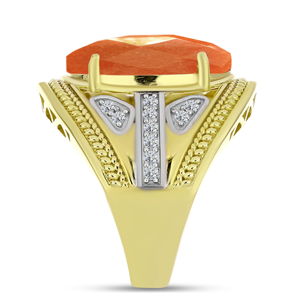 Inel din Argint 925 Placat cu Aur ( 7.53 grame ) cu Piatra Soarelui Oregon și Topaz Alb 11.03 Carate 4 