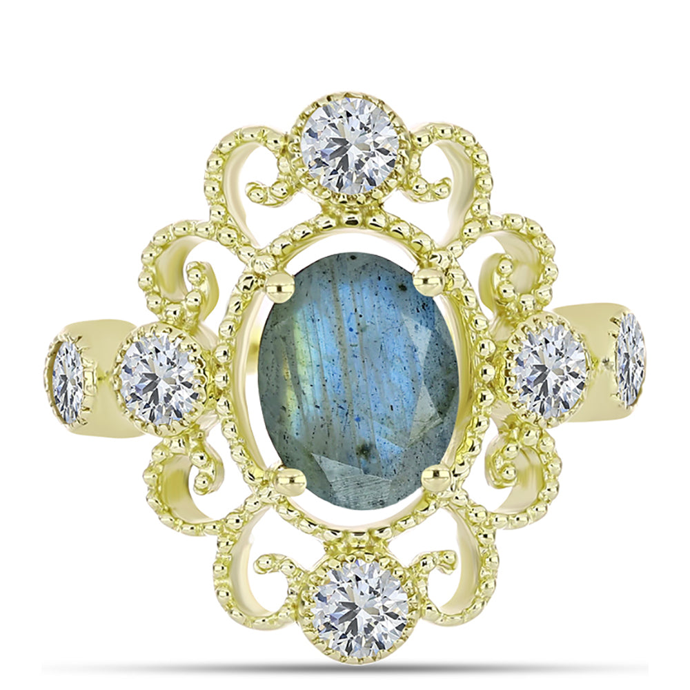 Inel din Argint 925 Placat cu Aur ( 3.65 grame ) cu Labradorit și Topaz Alb 2.9 Carate 1 