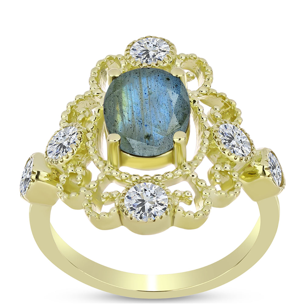 Inel din Argint 925 Placat cu Aur ( 3.65 grame ) cu Labradorit și Topaz Alb 2.9 Carate 3 