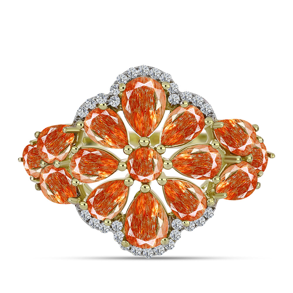 Inel din Argint 925 Placat cu Aur ( 4.89 grame ) cu Piatra Soarelui Oregon și Topaz Alb 5.76 Carate 3 