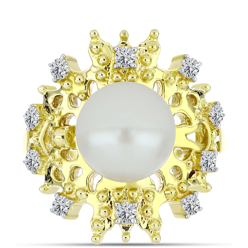 Inel din Argint 925 Placat cu Aur ( 5.96 grame ) cu Perlă de Apă Dulce Albă și Topaz Alb 5.37 Carate