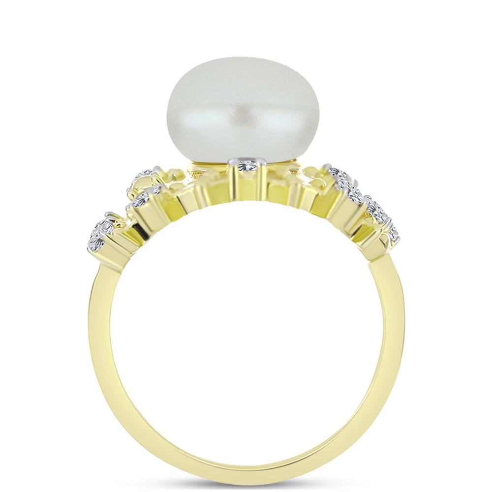 Inel din Argint 925 Placat cu Aur ( 5.96 grame ) cu Perlă de Apă Dulce Albă și Topaz Alb 5.37 Carate 2 
