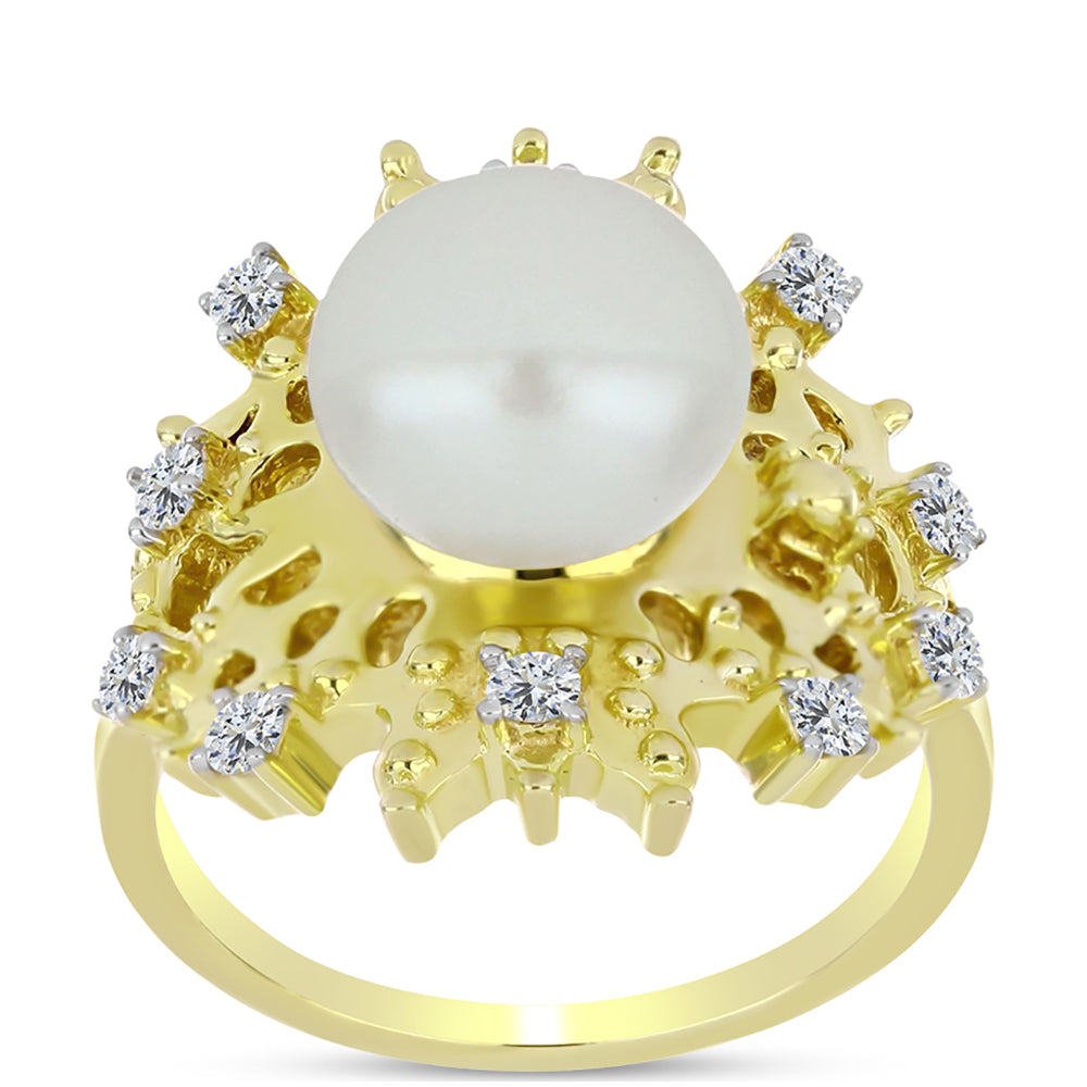 Inel din Argint 925 Placat cu Aur ( 5.96 grame ) cu Perlă de Apă Dulce Albă și Topaz Alb 5.37 Carate 3 