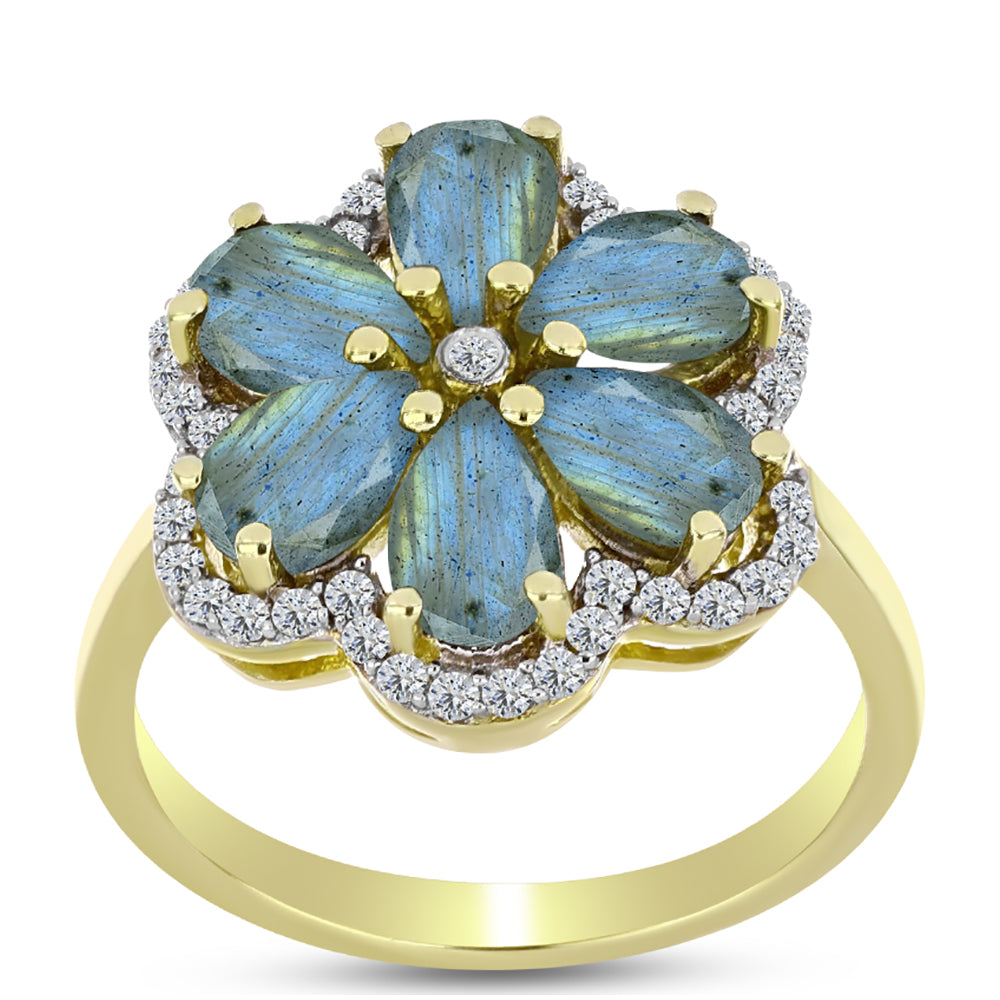 Inel din Argint 925 Placat cu Aur ( 3.35 grame ) cu Labradorit și Topaz Alb 2.9 Carate 3 