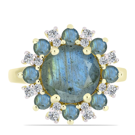 Inel din Argint 925 Placat cu Aur ( 4.03 grame ) cu Labradorit și Topaz Alb 4.72 Carate