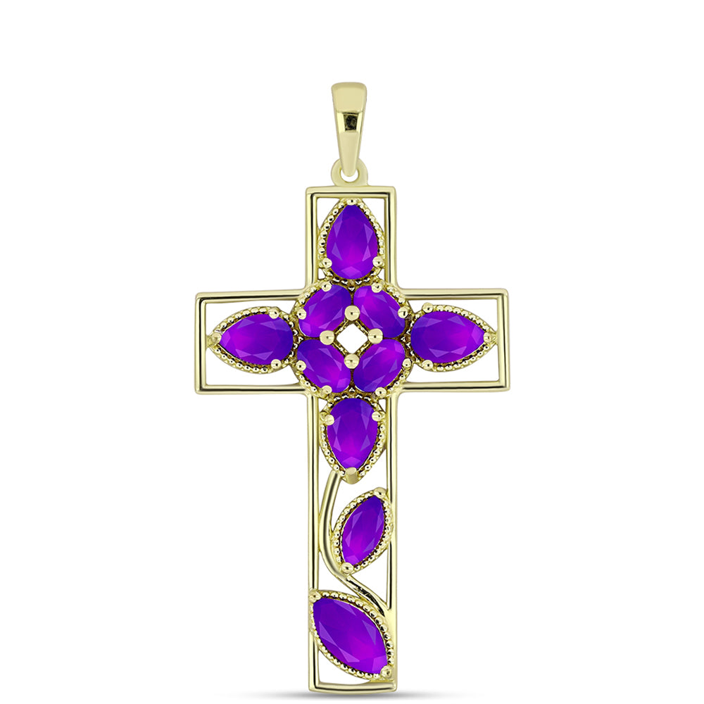 Cruce Pandantiv din Argint 925 Placat cu Aur ( 3.42 grame ) cu Agat Violet 3.05 Carate 1 