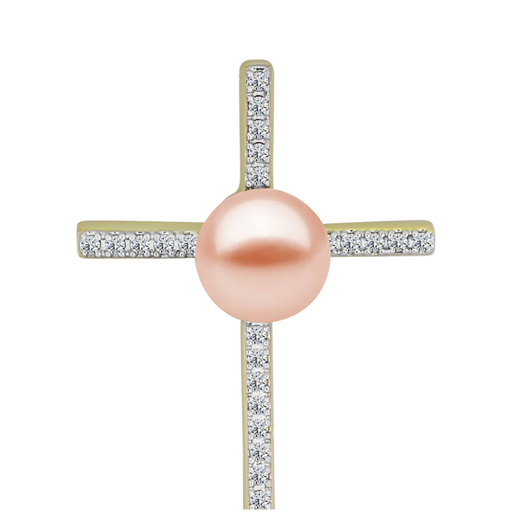 Cruce Pandantiv din Argint 925 Placat cu Aur ( 2.1 grame ) cu Perlă de Apă Dulce Piersică și Topaz Alb 2.84 Carate 1 