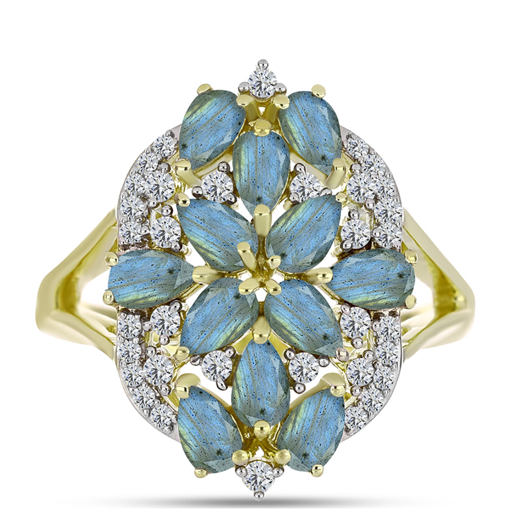 Inel din Argint 925 Placat cu Aur ( 4.31 grame ) cu Labradorit și Topaz Alb 2.96 Carate 1 