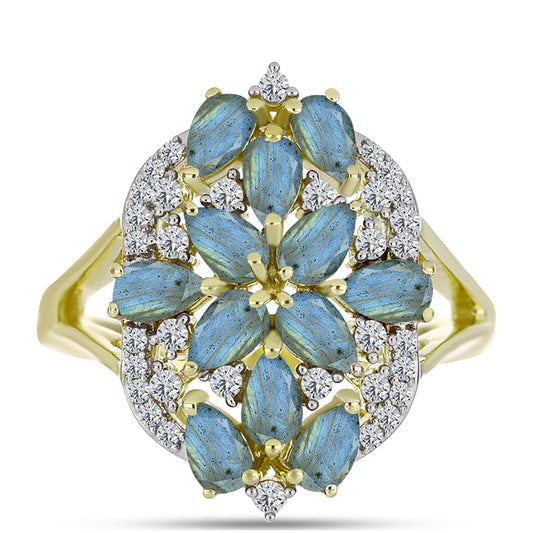 Inel din Argint 925 Placat cu Aur ( 4.31 grame ) cu Labradorit și Topaz Alb 2.96 Carate