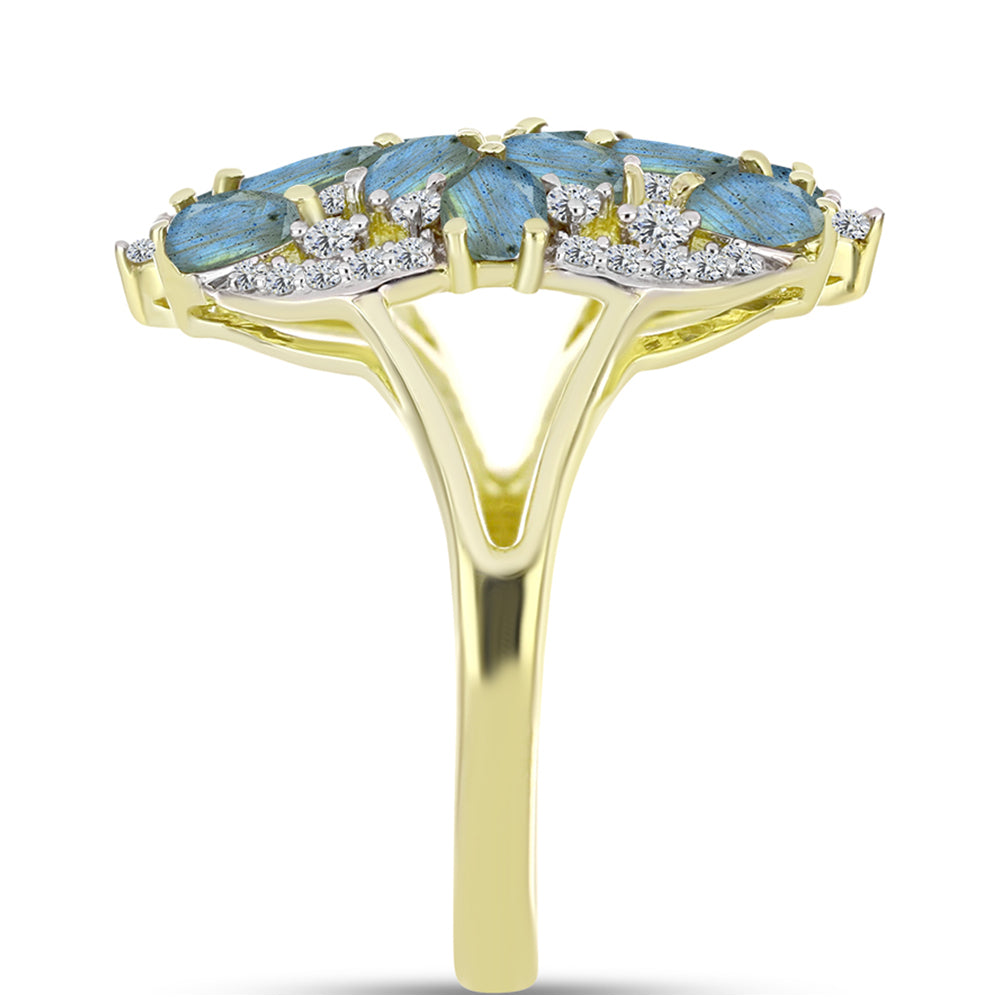 Inel din Argint 925 Placat cu Aur ( 4.31 grame ) cu Labradorit și Topaz Alb 2.96 Carate