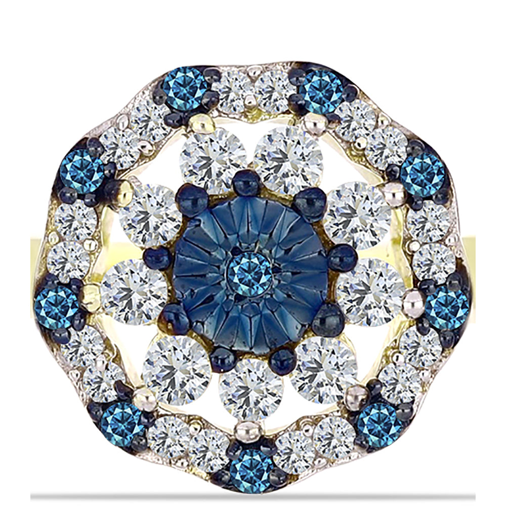 Inel din Argint 925 Placat cu Aur ( 3.17 grame ) cu Diamant Albastru și Topaz Alb 0.48 Carate