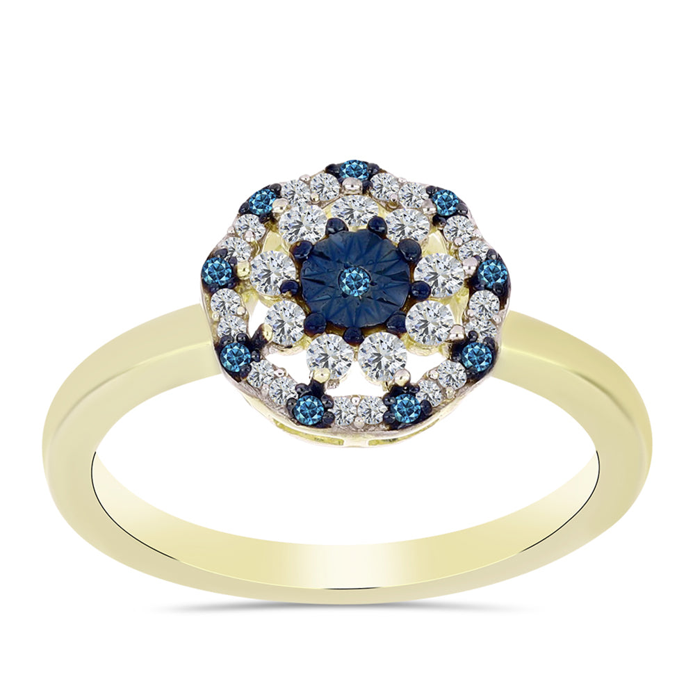 Inel din Argint 925 Placat cu Aur ( 3.17 grame ) cu Diamant Albastru și Topaz Alb 0.48 Carate 7 