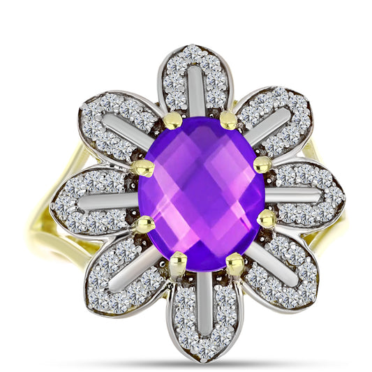 Inel din Argint 925 Placat cu Aur ( 4.66 grame ) cu Agat Violet și Topaz Alb 2.72 Carate