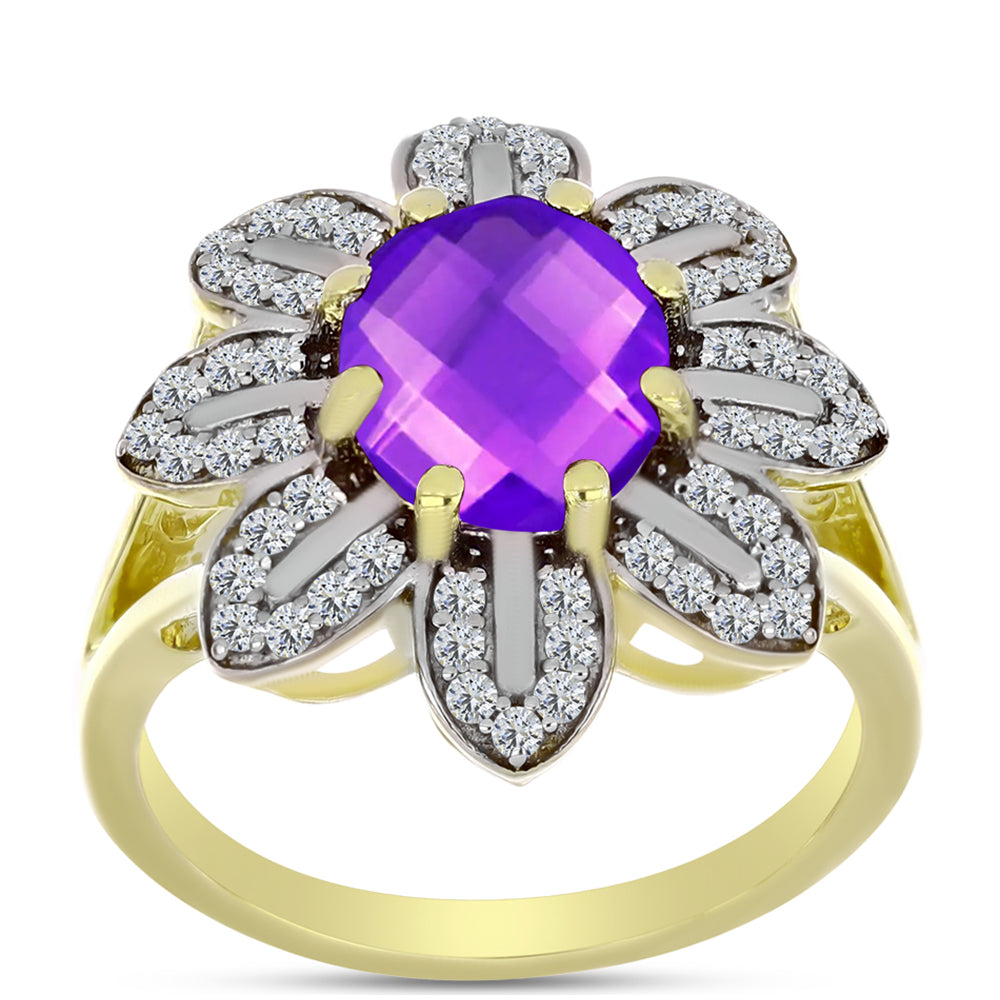 Inel din Argint 925 Placat cu Aur ( 4.66 grame ) cu Agat Violet și Topaz Alb 2.72 Carate