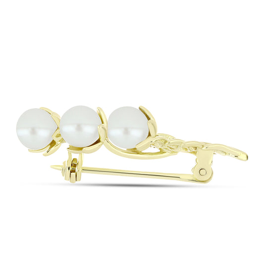 Broşă din Argint 925 Placat cu Aur ( 3.08 grame ) cu Perlă de Apă Dulce Albă și Topaz Alb 3.63 Carate