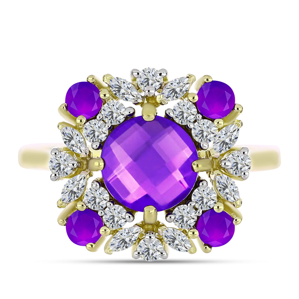 Inel din Argint 925 Placat cu Aur ( 3.38 grame ) cu Agat Violet și Topaz Alb 2.8 Carate 1 
