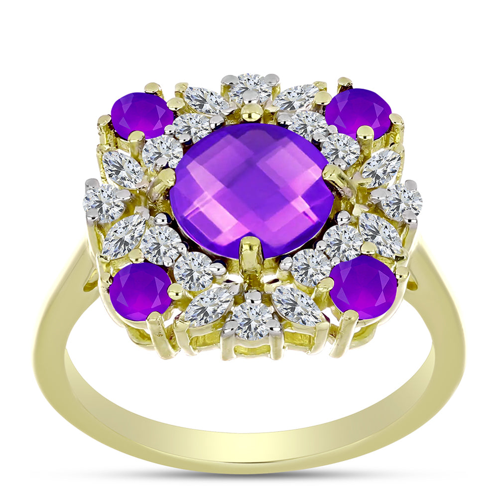 Inel din Argint 925 Placat cu Aur ( 3.38 grame ) cu Agat Violet și Topaz Alb 2.8 Carate 3 