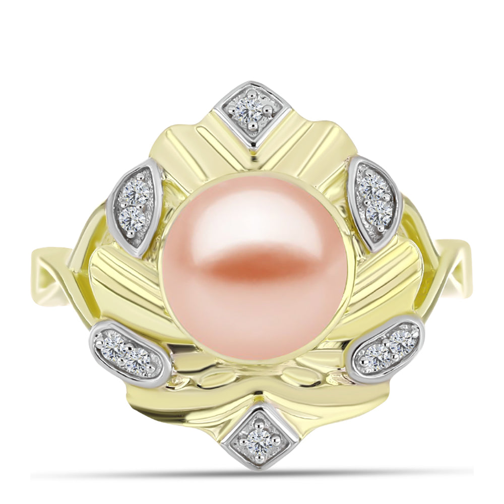 Inel din Argint 925 Placat cu Aur ( 4.91 grame ) cu Perlă de Apă Dulce Piersică și Topaz Alb 3.94 Carate 1 