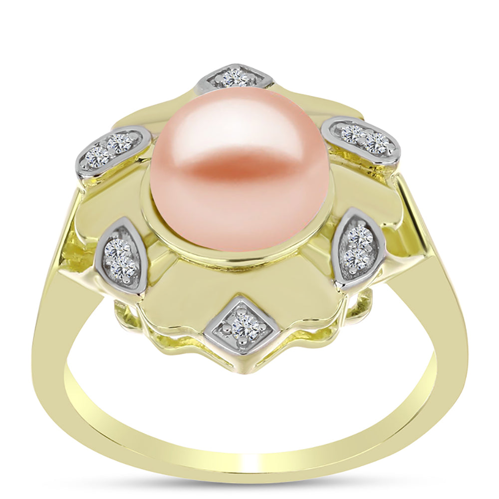 Inel din Argint 925 Placat cu Aur ( 4.91 grame ) cu Perlă de Apă Dulce Piersică și Topaz Alb 3.94 Carate 3 