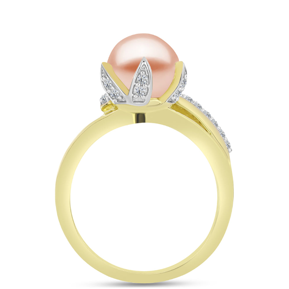 Inel din Argint 925 Placat cu Aur ( 3.26 grame ) cu Perlă de Apă Dulce Piersică și Topaz Alb 2.69 Carate