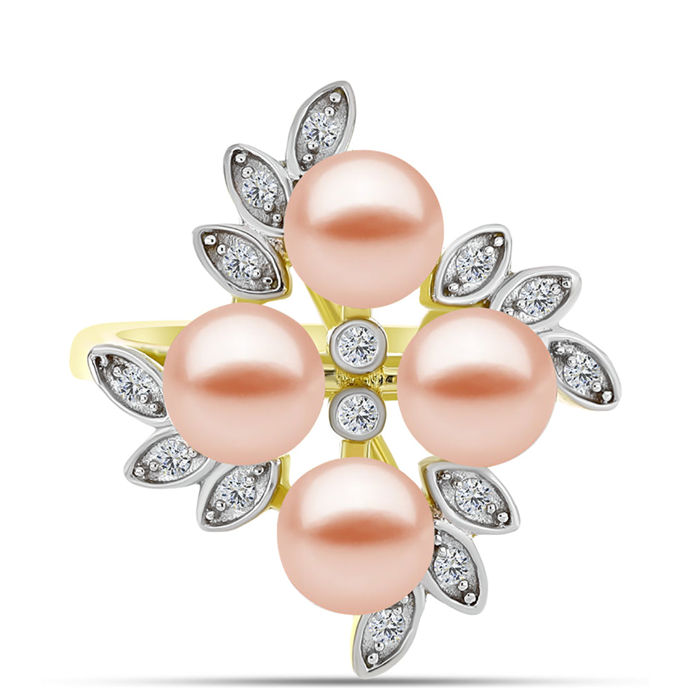 Inel din Argint 925 Placat cu Aur ( 4.44 grame ) cu Perlă de Apă Dulce Piersică și Topaz Alb 5.78 Carate 1 