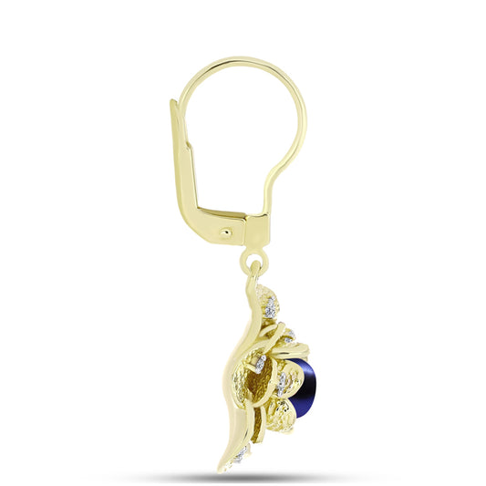 Cercei din Argint 925 Placat cu Aur ( 6.38 grame ) cu Perlă de Apă Dulce Neagră și Topaz Alb 1.36 Carate