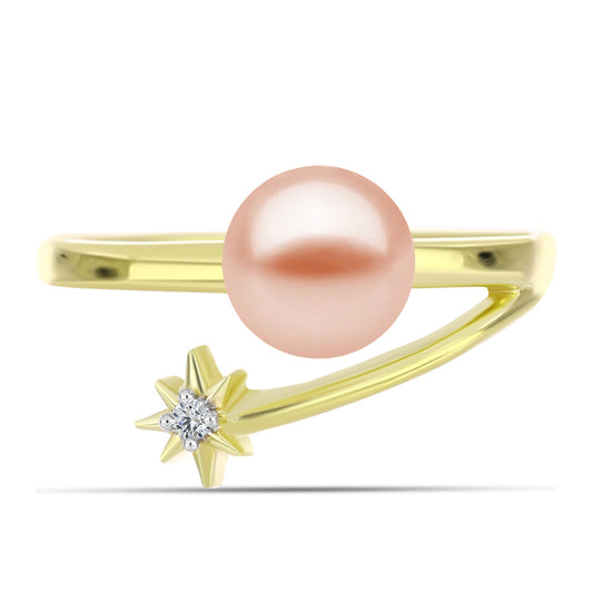Inel din Argint 925 Placat cu Aur ( 2.62 grame ) cu Perlă de Apă Dulce Piersică și Topaz Alb 2.79 Carate