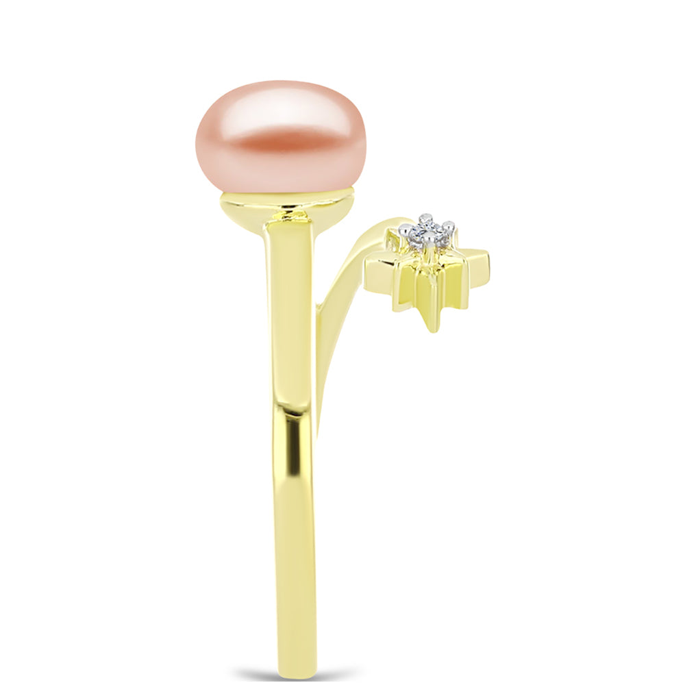 Inel din Argint 925 Placat cu Aur ( 2.62 grame ) cu Perlă de Apă Dulce Piersică și Topaz Alb 2.79 Carate 4 