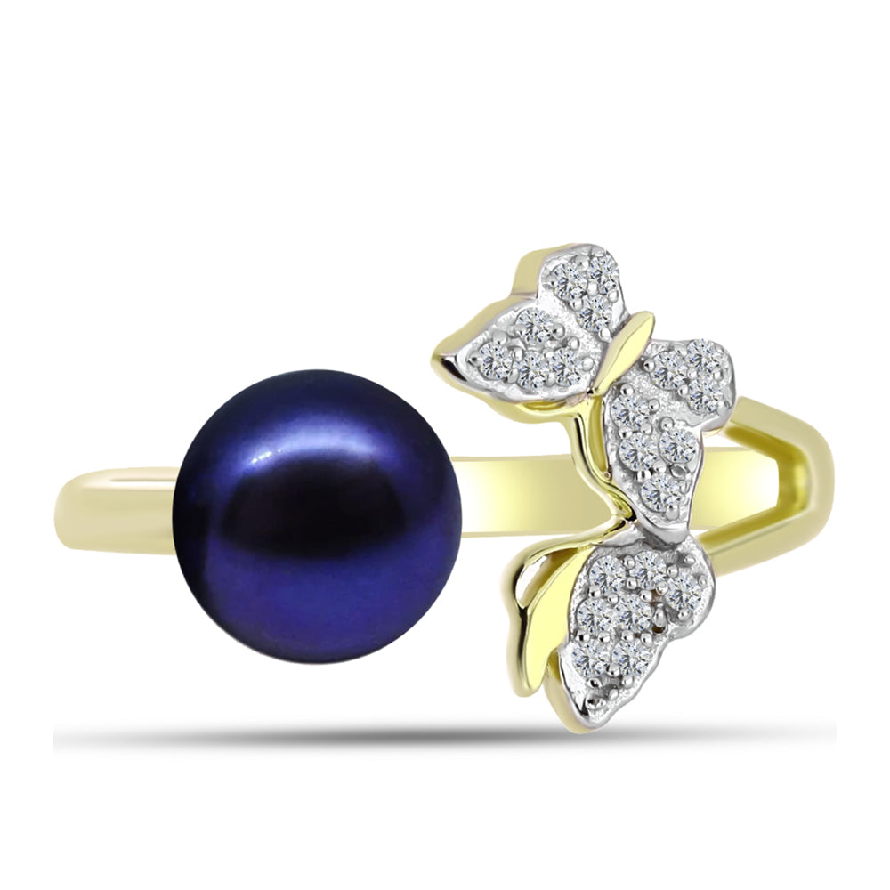 Inel din Argint 925 Placat cu Aur ( 2.62 grame ) cu Perlă de Apă Dulce Neagră și Topaz Alb 3 Carate