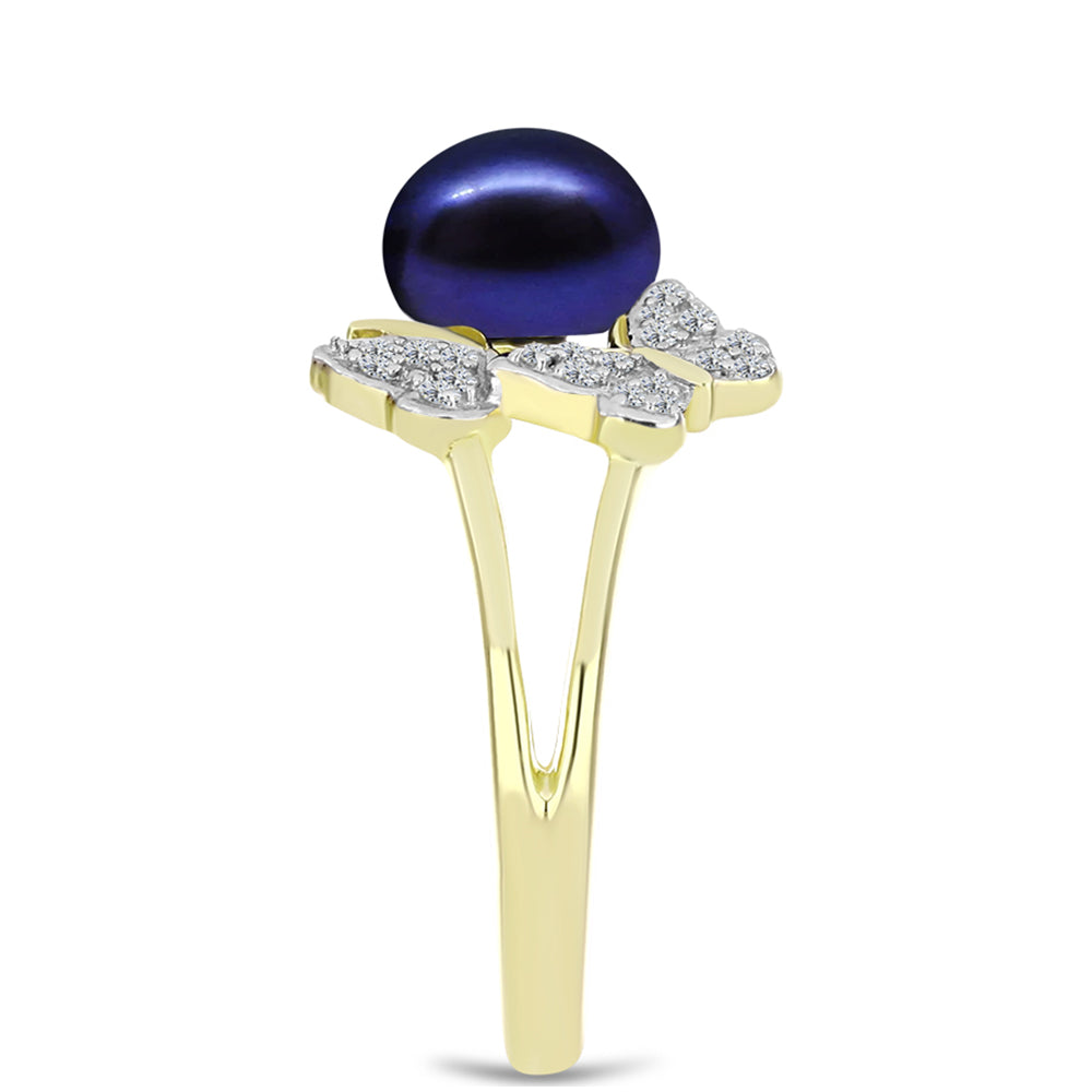 Inel din Argint 925 Placat cu Aur ( 2.62 grame ) cu Perlă de Apă Dulce Neagră și Topaz Alb 3 Carate