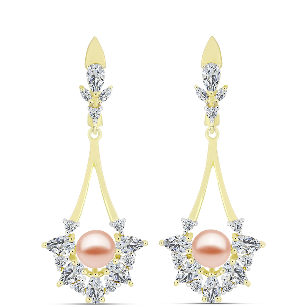 Cercei din Argint 925 Placat cu Aur ( 5.73 grame ) cu Perlă de Apă Dulce Piersică și Topaz Alb 6.2 Carate 1 