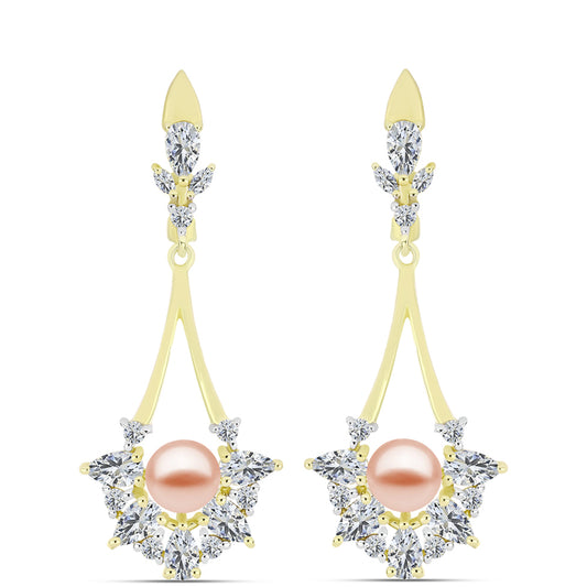 Cercei din Argint 925 Placat cu Aur ( 5.73 grame ) cu Perlă de Apă Dulce Piersică și Topaz Alb 6.2 Carate