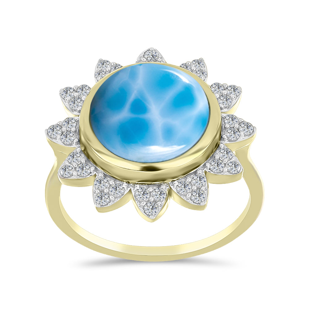 Inel din Argint 925 Placat cu Aur ( 4.88 grame ) cu Larimar(Piatra delfinului) și Topaz Alb 7.5 Carate