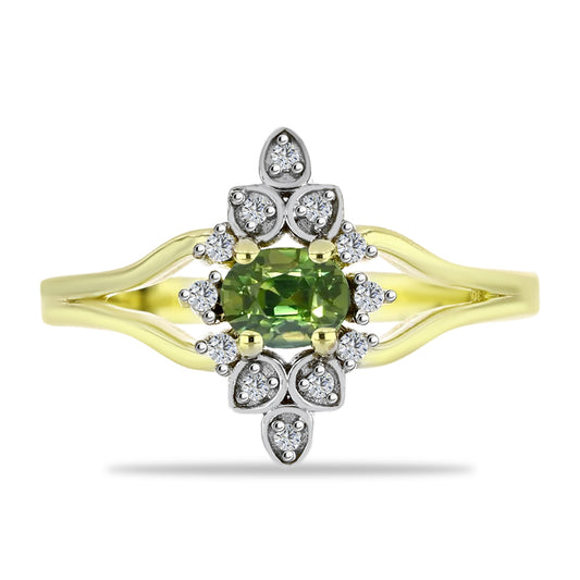 Inel din Argint 925 Placat cu Aur ( 3.01 grame ) cu Safir verde și Topaz Alb 0.51 Carate