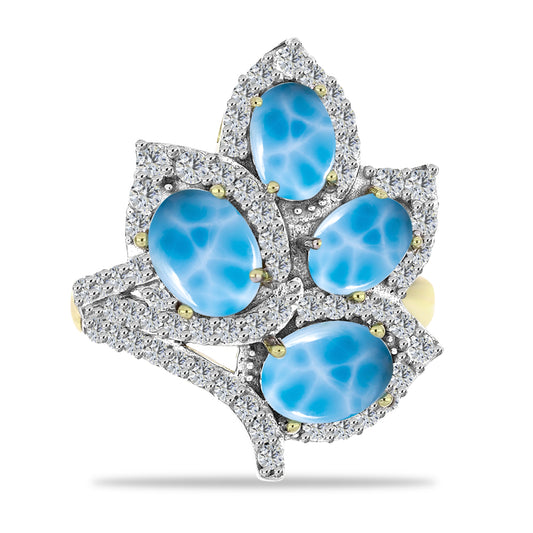 Inel din Argint 925 Placat cu Aur ( 5.5 grame ) cu Larimar(Piatra delfinului) și Topaz Alb 5.65 Carate