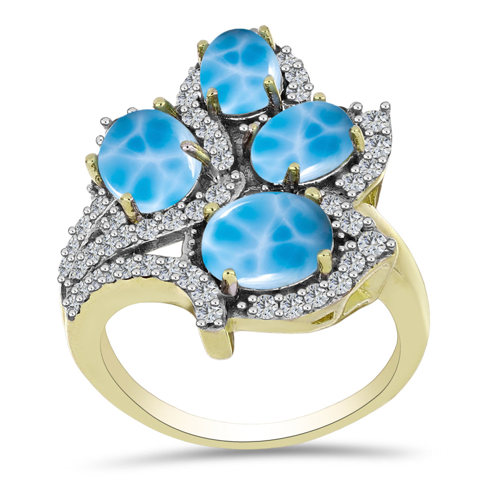 Inel din Argint 925 Placat cu Aur ( 5.5 grame ) cu Larimar(Piatra delfinului) și Topaz Alb 5.65 Carate 3 