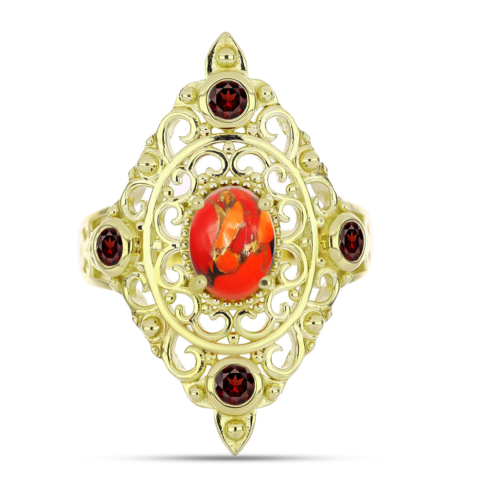 Inel din Argint 925 Placat cu Aur ( 5.87 grame ) cu Turcoaz Mohave și Granat Barton 1.51 Carate