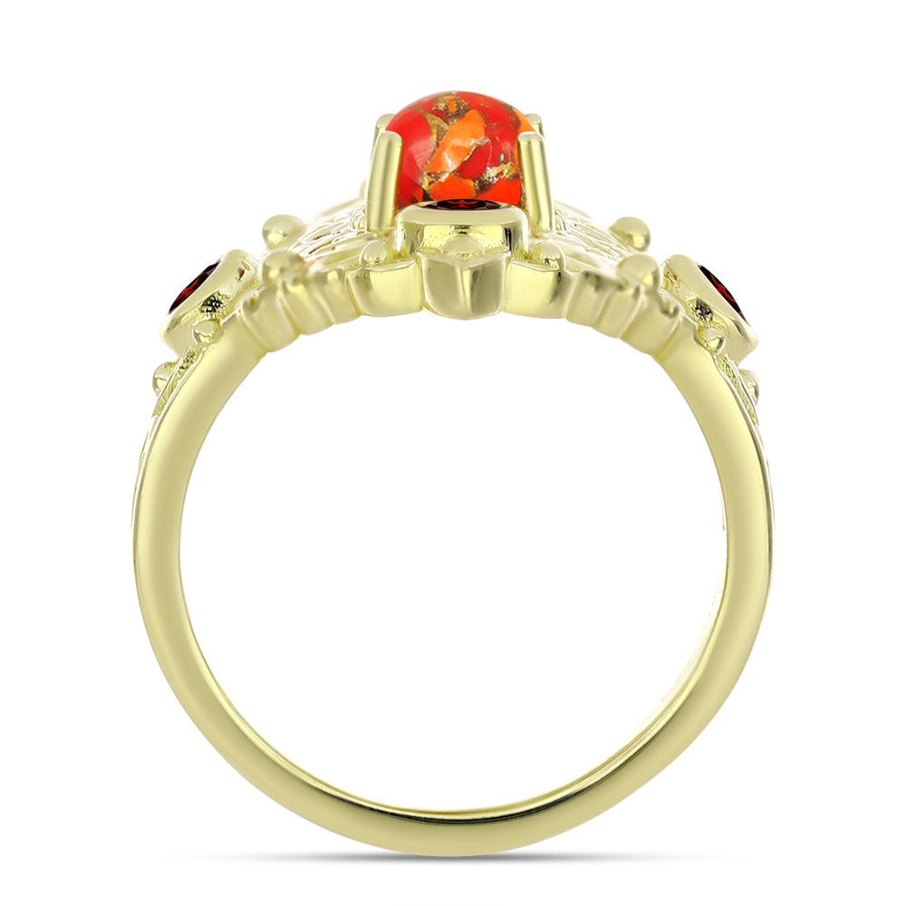 Inel din Argint 925 Placat cu Aur ( 5.87 grame ) cu Turcoaz Mohave și Granat Barton 1.51 Carate